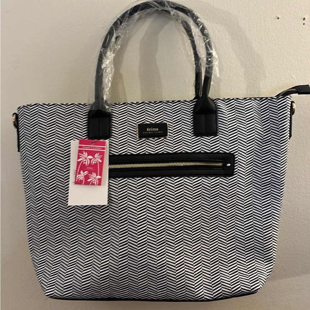 Trina Turk Black and White Zig Zag Tote with Detachable Shoulder Strap
